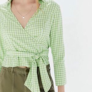 Urban Outfitters Green Gingham Semi Crop Wrap Shirt